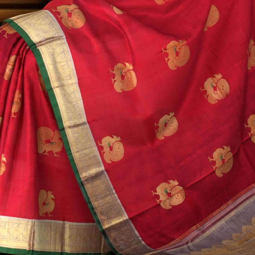 Red Kanchipuram Pure Zari Silk Saree with Annam Motif and Grey Body, Border, Pallu and Blouse