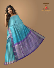 Aqua Blue Arani HF Zari Saree with Light Blue Temple Border