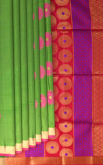 Olive Green Soft Silk Saree with Pink Border and Bhutta Motifs