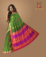 Olive Green Soft Silk Saree with Pink Border and Bhutta Motifs