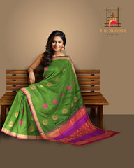 Olive Green Soft Silk Saree with Pink Border and Bhutta Motifs