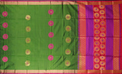 Olive Green Soft Silk Saree with Pink Border and Bhutta Motifs