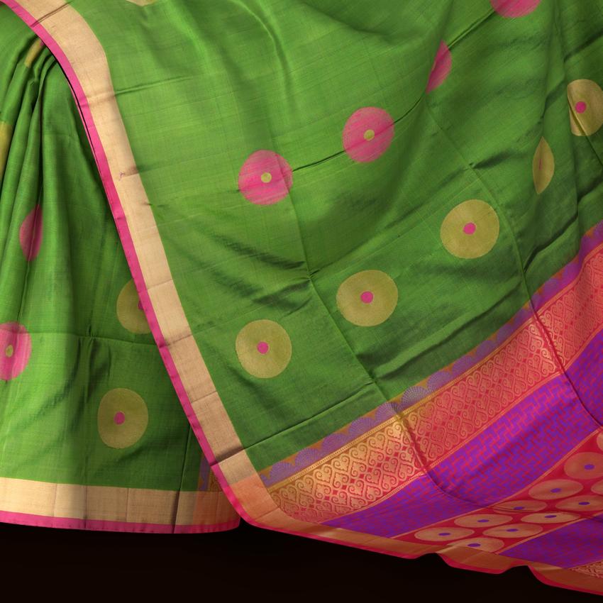 Olive Green Soft Silk Saree with Pink Border and Bhutta Motifs