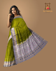 Olive Green Soft Silk Saree with Grey Contrast and Silver Zari Bhutta