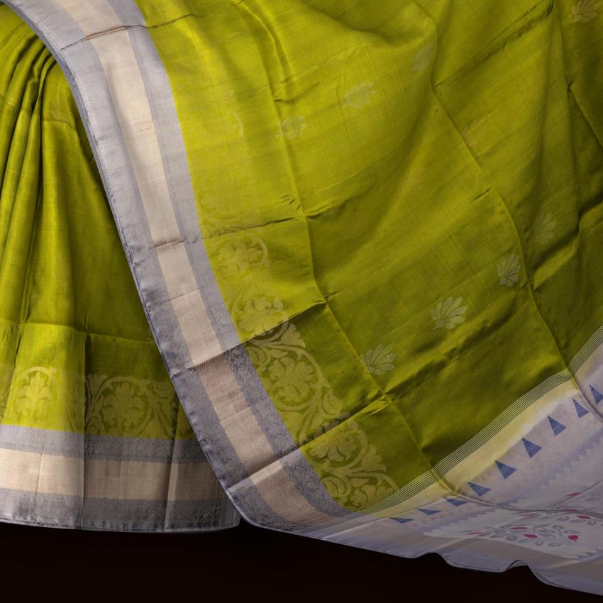 Olive Green Soft Silk Saree with Grey Contrast and Silver Zari Bhutta