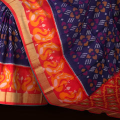 Navy Blue Soft Silk Saree with Orange Ikat Body Design