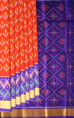 Orange Soft Silk Saree with Violet Ikat Body Design