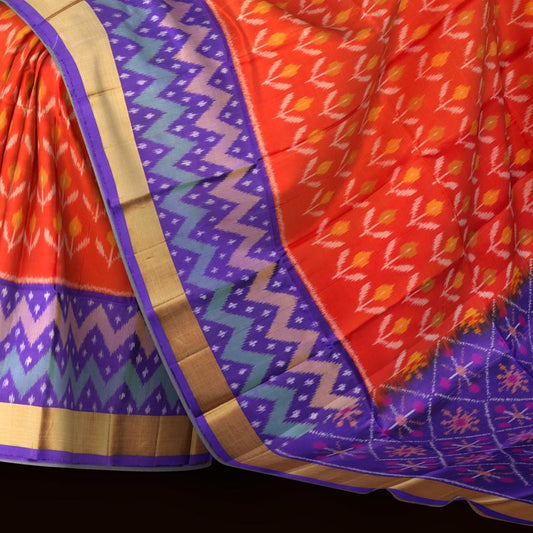 Orange Palani Tie & Dye SS Saree with Violet Ikat Body Design