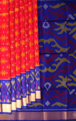 Red Soft Silk Saree with Blue Ikat Body Design