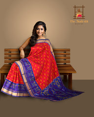 Red Soft Silk Saree with Blue Ikat Body Design