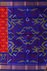 Red Soft Silk Saree with Blue Ikat Body Design