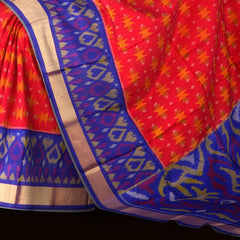 Red Soft Silk Saree with Blue Ikat Body Design