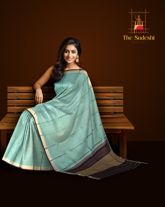 Light Blue and Brown Kanchipuram Pure Zari Saree