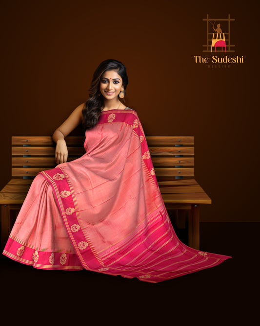 Tomato Pink and Red Kanchipuram Pure Zari Saree