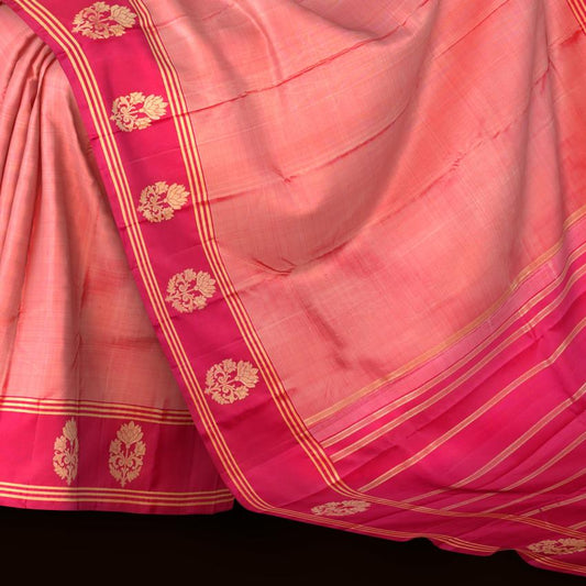 Tomato Pink and Red Kanchipuram Pure Zari Saree