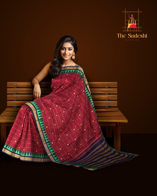 Blood Red and Navy Blue Kanchipuram Pure Zari Saree