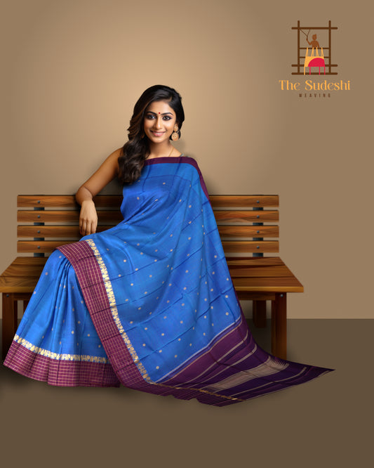 Blue and Maroon Kanchipuram Pure Zari Saree