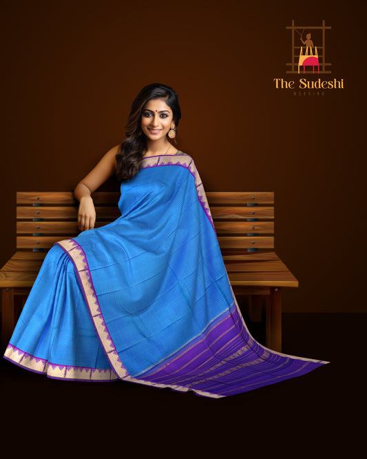 Cyan Blue and Purple Kanchipuram Pure Zari Saree