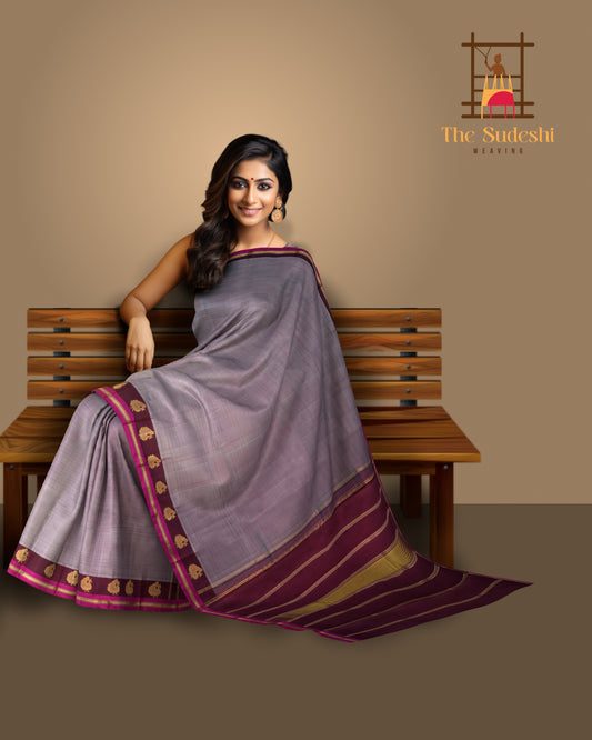 Greyish Purple and Magenta Kanchipuram Pure Zari Saree