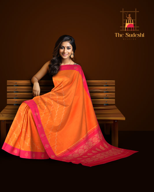 Orange Kanchipuram Pure Zari and Handloom Saree with Pink Motif Border