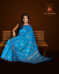 Cyan Blue Kanchipuram Pure Zari and Handloom Saree with Yaazhi Motif