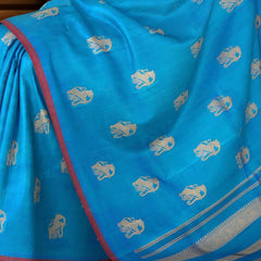 Cyan Blue Kanchipuram Pure Zari and Handloom Saree with Yaazhi Motif