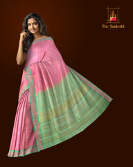 Lotus Pink Kanchipuram Pure Zari and Handloom Saree with Pista Green Border