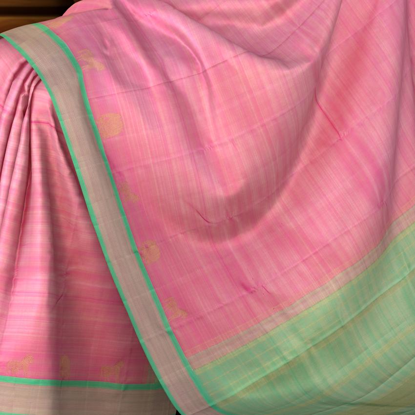 Lotus Pink Kanchipuram Pure Zari and Handloom Saree with Pista Green Border