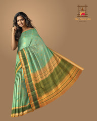 Sap Green Kanchipuram Pure Zari and Handloom Saree with Mustard and Green Border