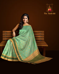 Sap Green Kanchipuram Pure Zari and Handloom Saree with Mustard and Green Border