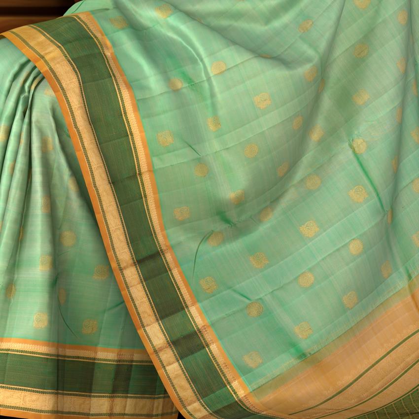 Sap Green Kanchipuram Pure Zari and Handloom Saree with Mustard and Green Border