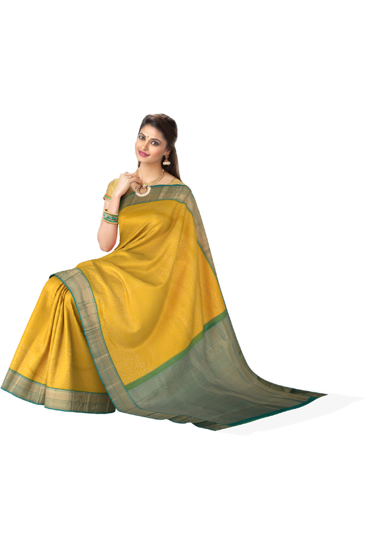Yellow Kanchipuram Silk Saree with Floral Jackard on the body with Copper Sulphate Blue contrast border and Copper Sulphate Blue Diamond pallu