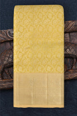 Pale Yellow Kanchipuram Silk Saree with Elephant and Annapakshi Jackard on the body with Ivory contrast border and Pale Yellow Diagonal lines pallu