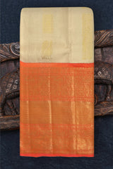 Off White Kanchipuram Silk Saree with Tissue zari on the body with Orange contrast border and Orange annam pallu