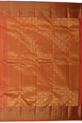 Peach Kanchipuram Silk Saree with Tear drop Jackard on the body with Peach self border and Orange Pink Square with thick butta pallu