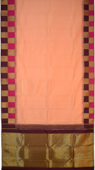 Peach Kanchipuram Silk Saree with Korvai Plain on the body with Beetroot and pink and gold checks border and Magenta Tissue pallu