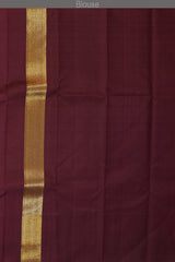Peach Kanchipuram Silk Saree with Korvai Plain on the body with Beetroot and pink and gold checks border and Magenta Tissue pallu