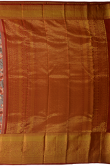 Grey with red flowers Kanchipuram Silk Saree with Floral digital Plain on the body with Red contrast border and Red pallu with diagonal lines and floral motif pallu