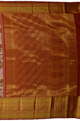Nude Pink with Orange roses Kanchipuram Silk Saree with Floral digital Plain on the body with Rust Orange contrast border and Rust orange pallu with diagonal lines and floral motif pallu