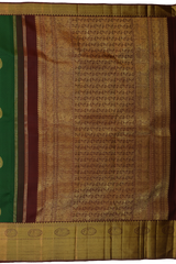 Dark Green Kanchipuram Silk Saree with Motif Leaf Plain on the body with Arakku Brown contrast border and Maroon Yaali, peacock, kamalam pallu
