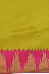 Lime Green Kanchipuram Silk Saree with Plain on the body with Rani Pink contrast Temple border and Rani Pink 8 Kol grand tissue pallu with seepu raku