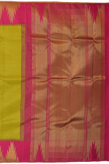 Lime Green Kanchipuram Silk Saree with Plain on the body with Rani Pink contrast Temple border and Rani Pink 8 Kol grand tissue pallu with seepu raku