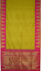 Lime Green Kanchipuram Silk Saree with Plain on the body with Rani Pink contrast Temple border and Rani Pink 8 Kol grand tissue pallu with seepu raku