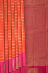 Orange and Pink Kanchipuram Silk Saree with Dual Tone Checks on the body with Pink contrast Annapakshi as blocks in border and Pink Grand Pink zig zag patter pallu