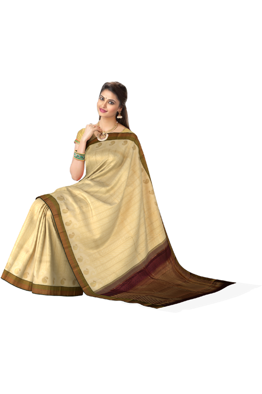 Off White Kanchipuram Silk Saree with Woven Jackard on the body with Green and maroon dual tone border and Pink 8 Kol Pallu with seepu rekku