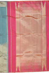 Blue Kanchipuram Silk Saree with Organza Checks body with Temple Gatti Zari Contrast border and Dual Tone - Pink and Orange Pallu