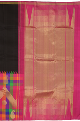 Black Kanchipuram Silk Saree with Plain body with Mango motif geometrical pattern Contrast border and Pink 8 Kol Pallu with seepu rekku