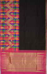 Black Kanchipuram Silk Saree with Plain body with Mango motif geometrical pattern Contrast border and Pink 8 Kol Pallu with seepu rekku