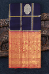 Navy Blue Kanchipuram Silk Saree with Checks Check - Silver and Gold body with Annapakshi Contrast border and Pink grand Pallu with peacock motif. Tissue Pallu