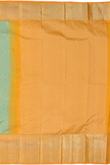 Sea blue Kanchipuram Silk Saree with Jackard Floral body with Long floral Contrast border and Yellow Mango motif with diagnol lines Pallu